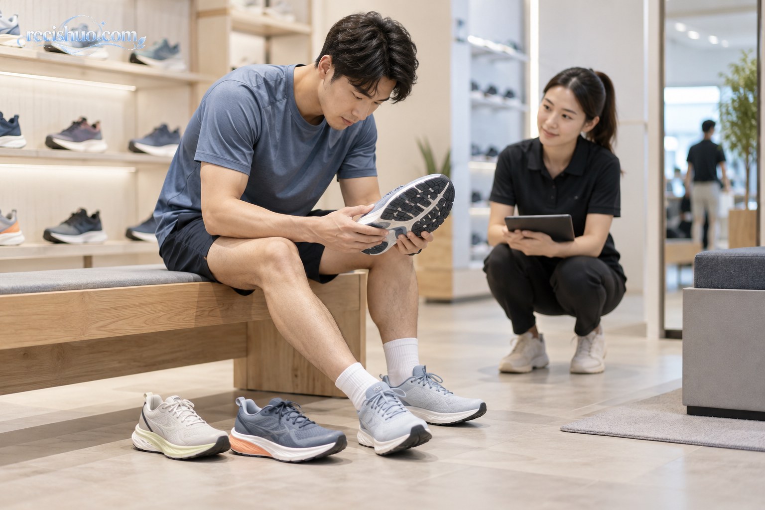 消费者在运动用品店检查跑鞋鞋底结构并比较不同款式