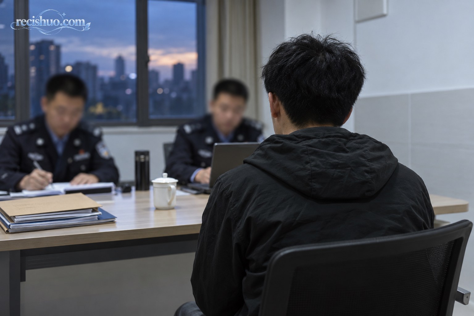 一名回流青年在公安机关询问室内接受警务人员询问的背影