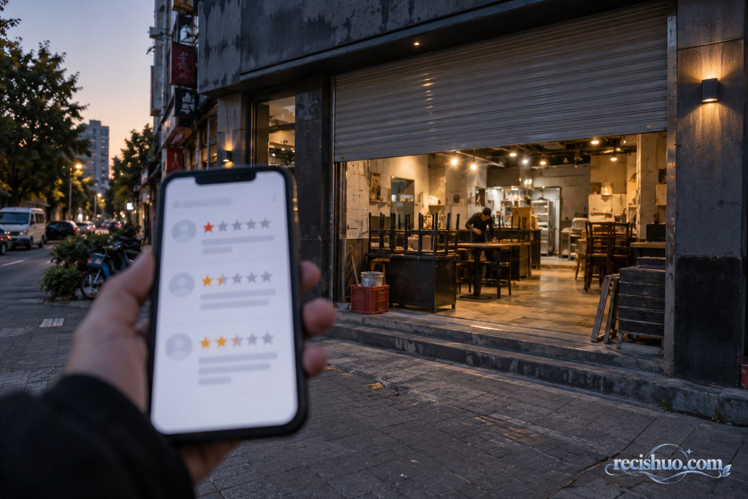 尚在筹备的餐饮门店外,手机屏幕显示抽象的低分评价列表