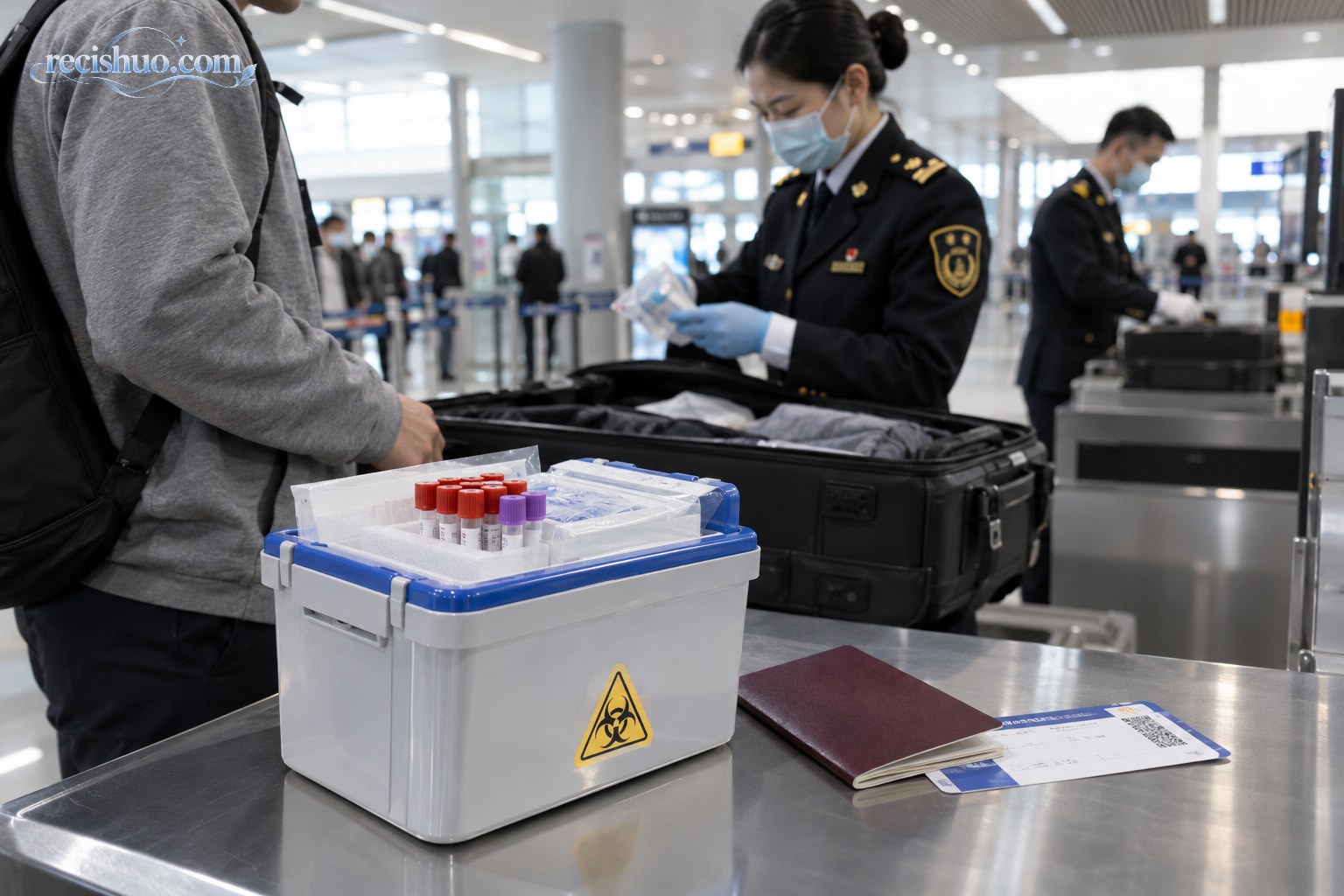 机场海关查验区域内摆放着密封医用样本运输箱和旅行证件