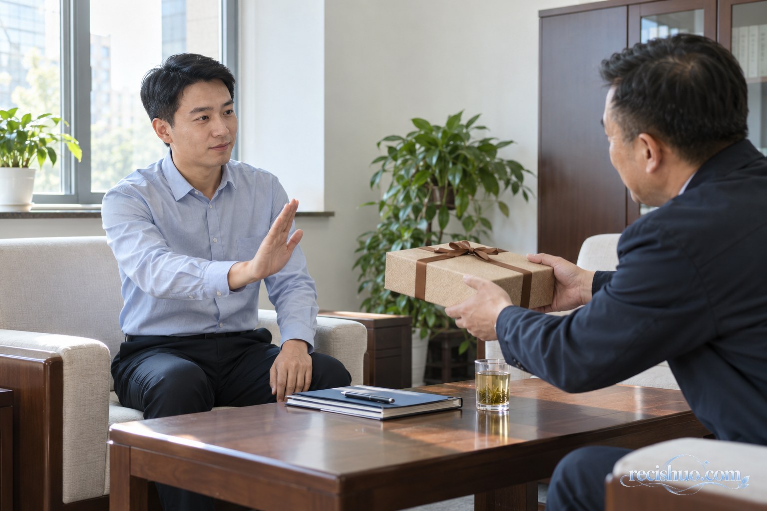办公室内,工作人员礼貌婉拒来访者递来的节日礼盒