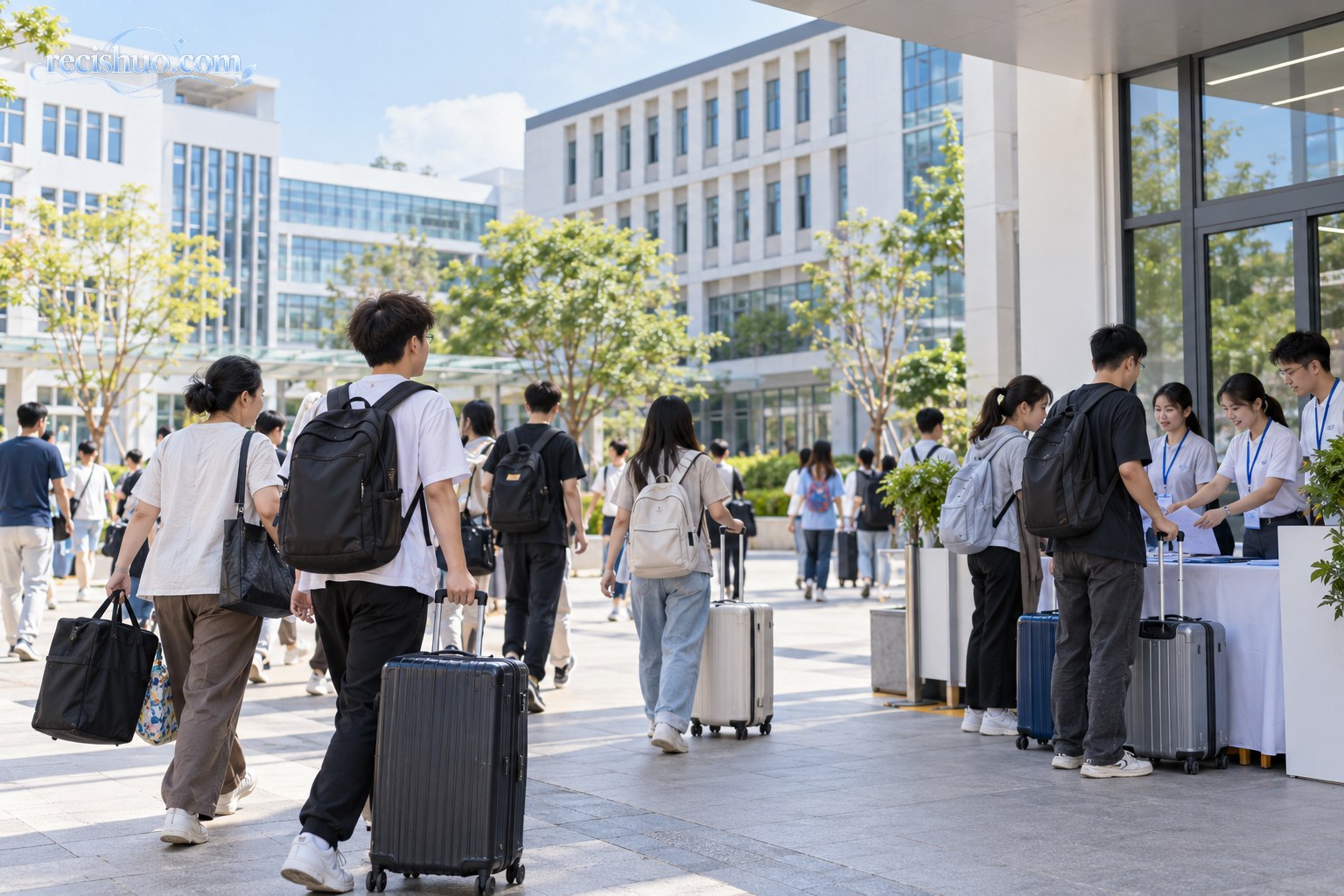 职业技工学校开学报到日,新生携带行李进入现代校园