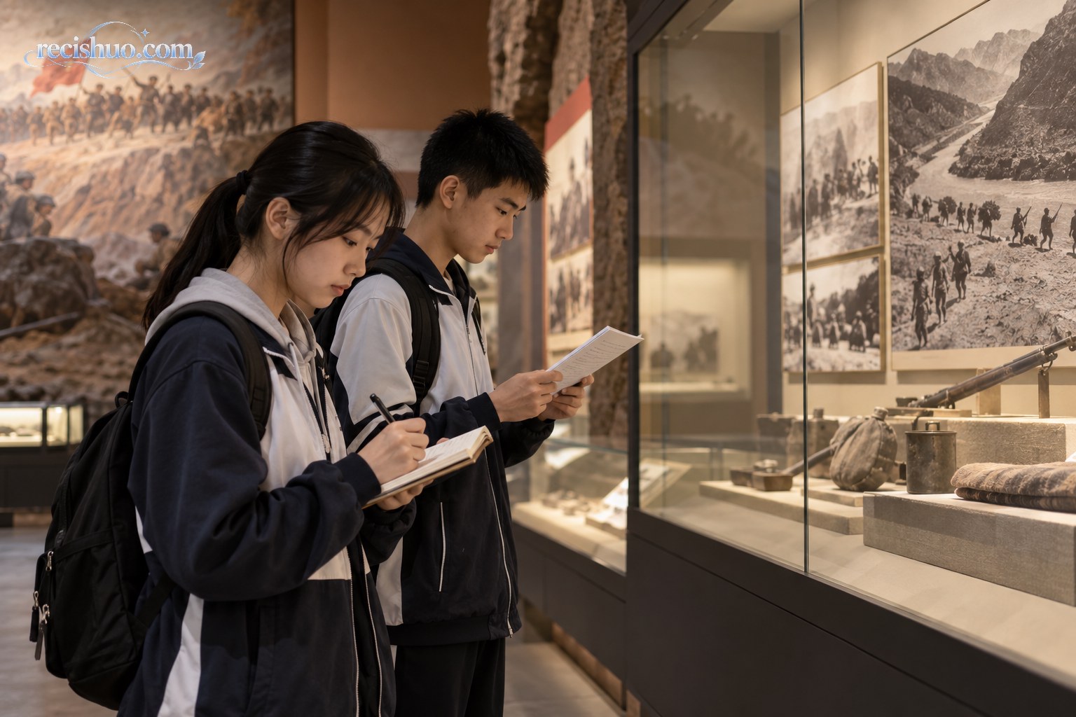 两名学生在纪念馆展陈前阅读资料并认真记录