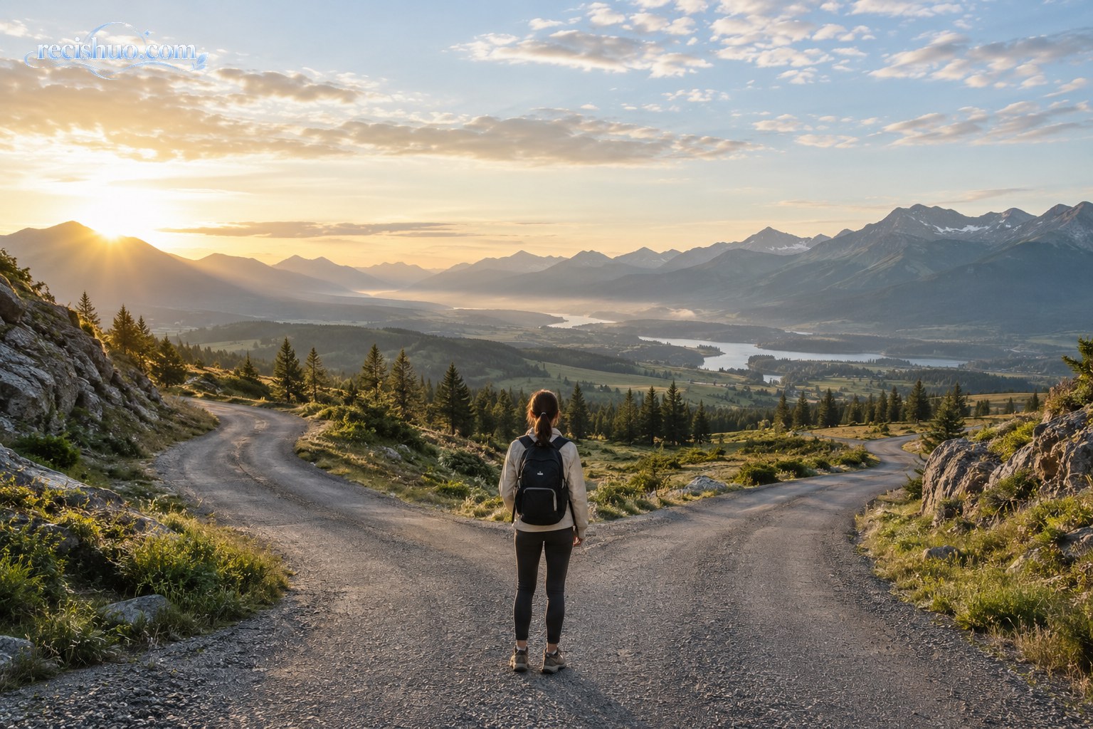 清晨群山间的道路向两侧延伸，一名背包旅行者站在分岔处眺望远方