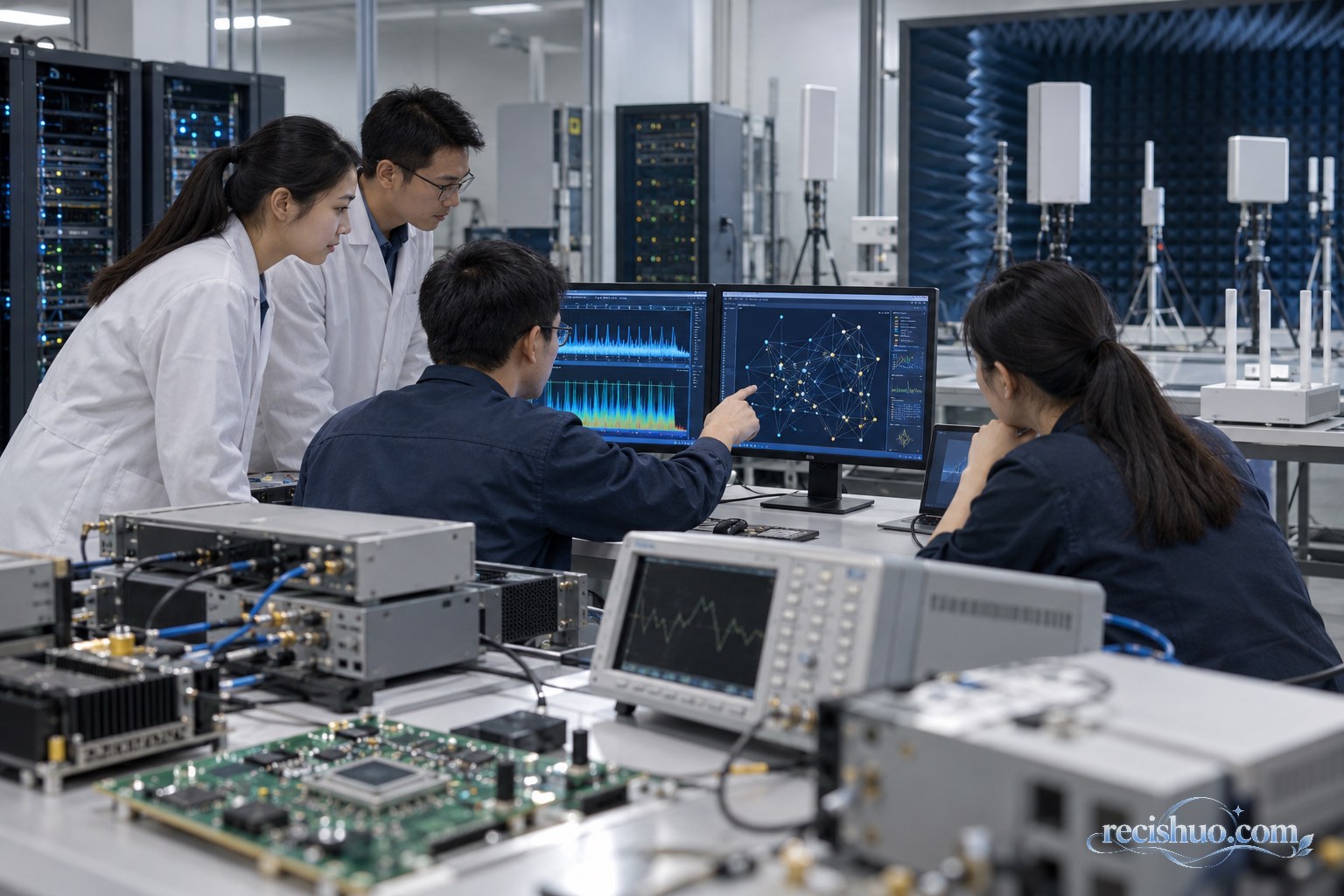 工程师在通信实验室查看网络节点和信号波形，周围摆放芯片与测试设备