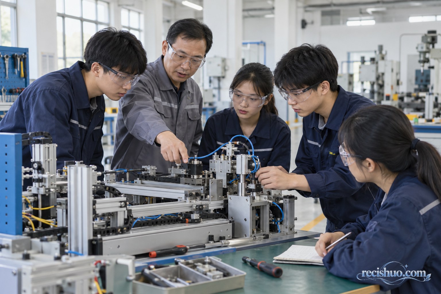 职业技工学校实训课堂上，教师指导学生操作机电训练设备