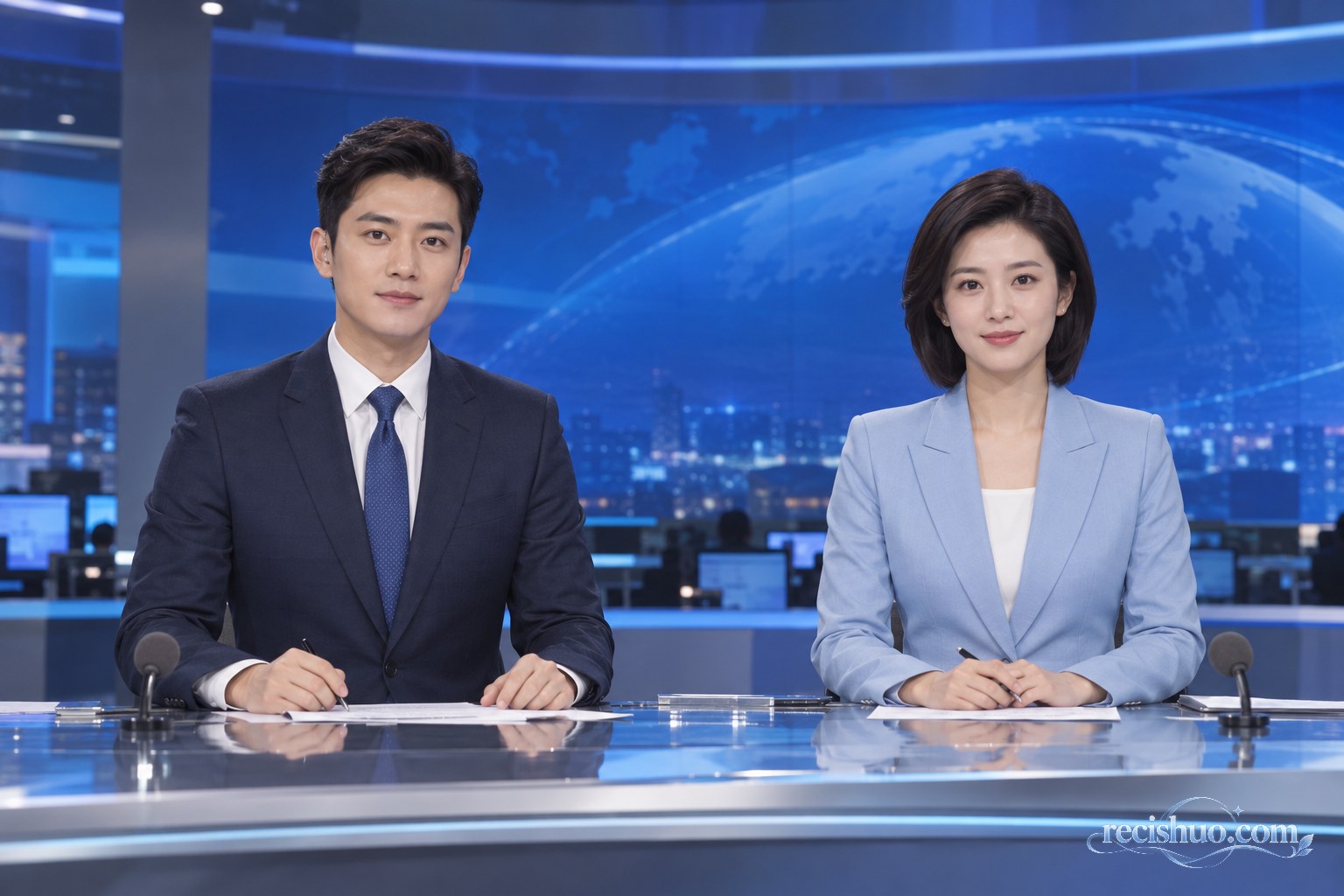两位虚构年轻新闻主播坐在现代蓝色演播室主播台前的示意画面