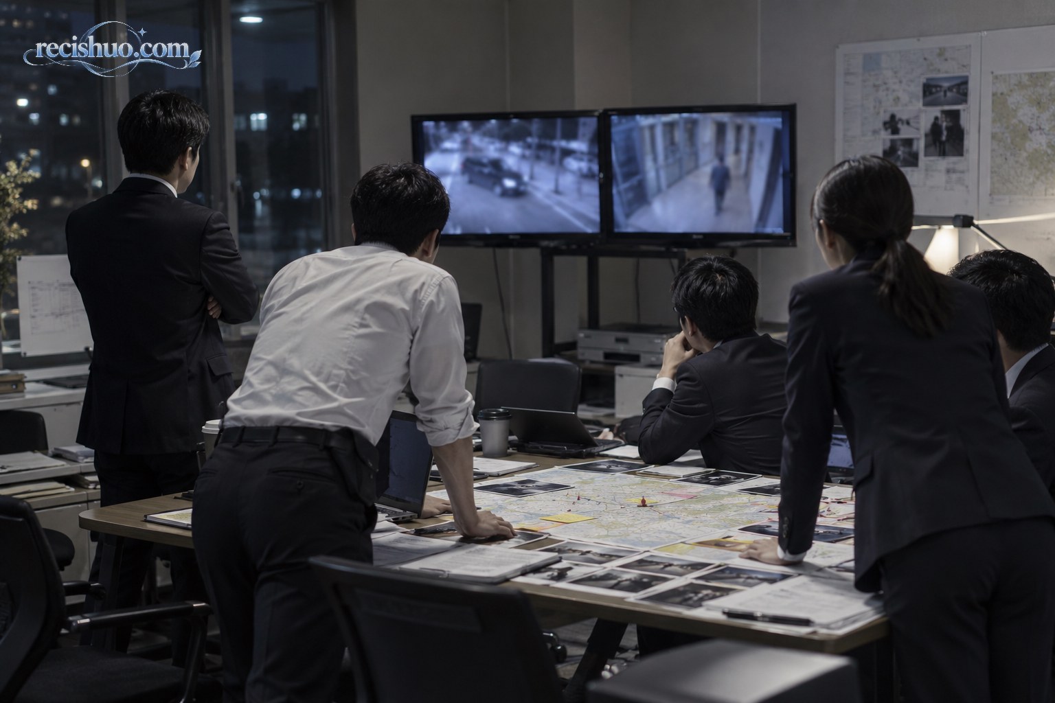 警方专案组人员在会议室查看监控画面并研判案件线索的示意场景