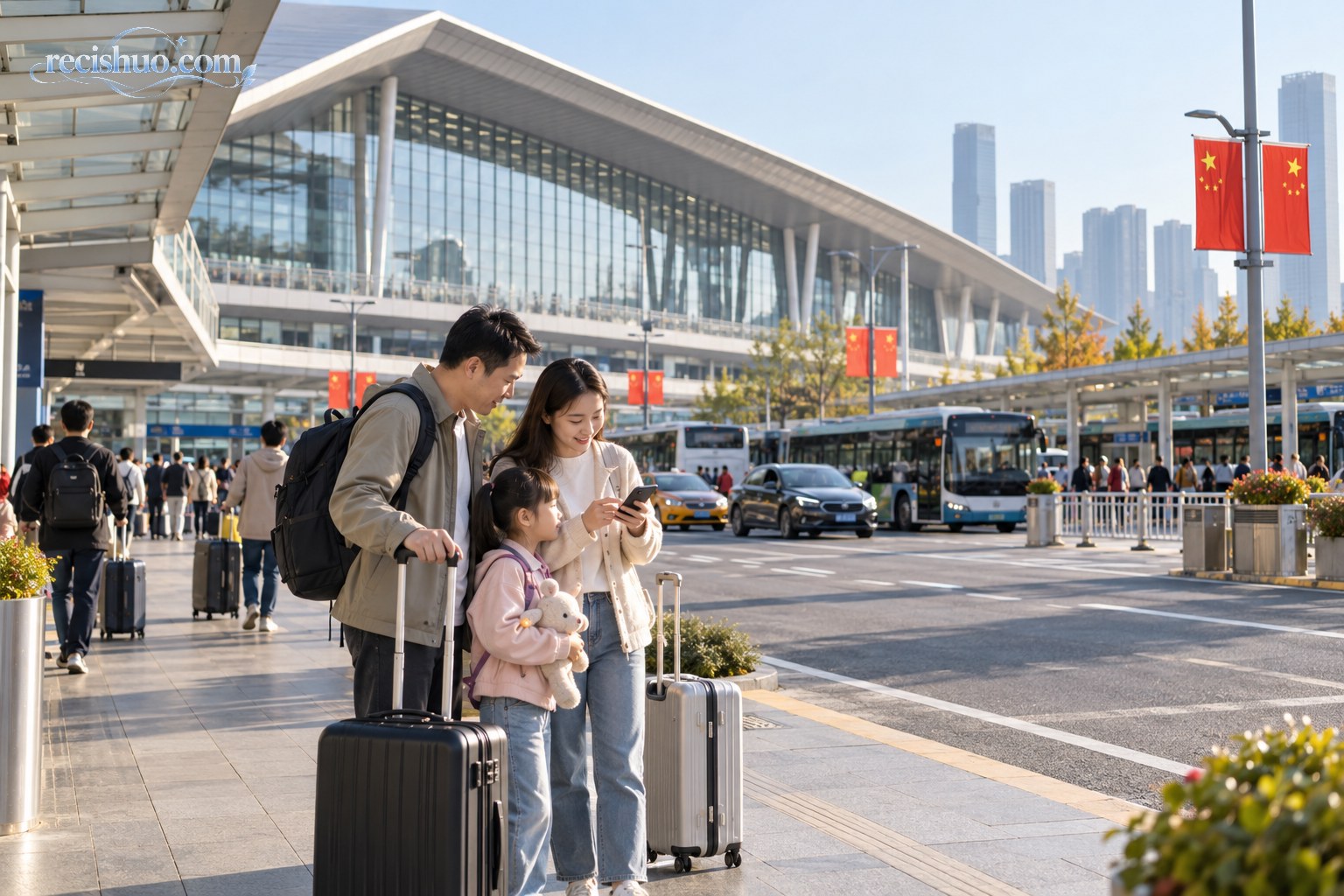 国庆假期旅客在城市综合交通枢纽外查看手机出行信息