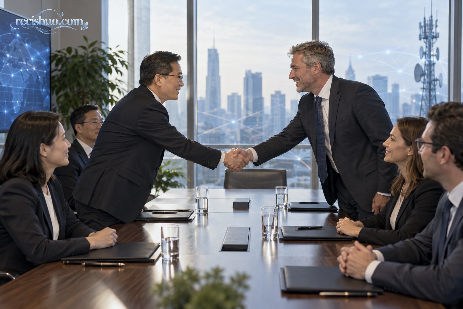两家通信科技企业的代表在现代会议室握手,象征跨企业专利许可合作