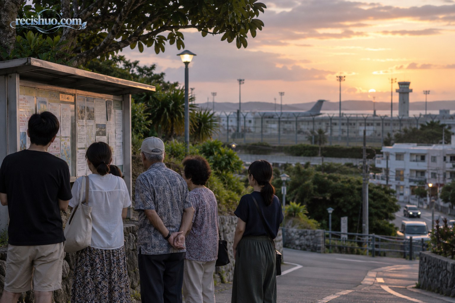 冲绳居民傍晚在社区公告栏旁交流,远处可见基地设施轮廓
