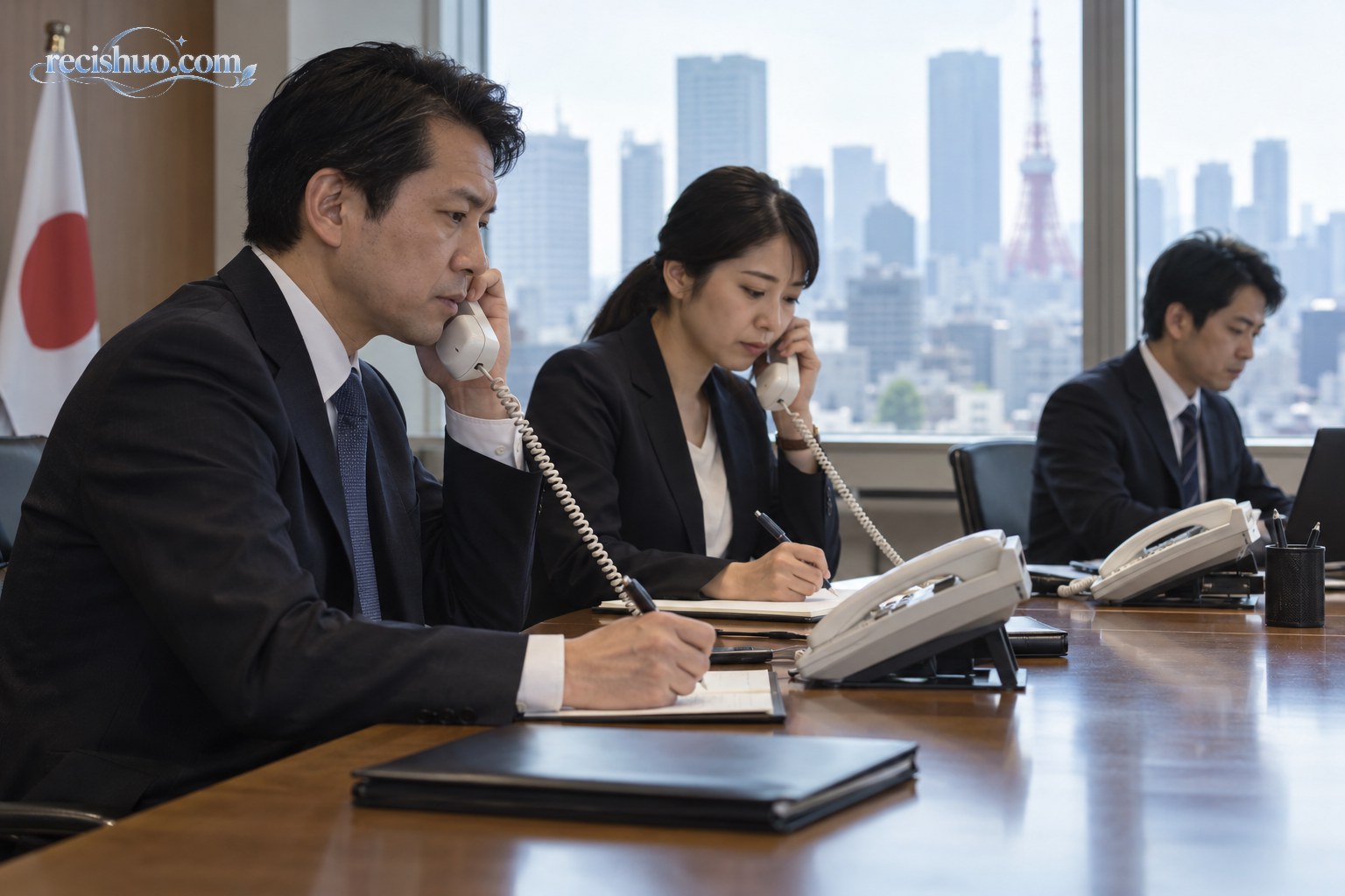 日本政府工作人员通过电话进行紧急联络并记录沟通内容