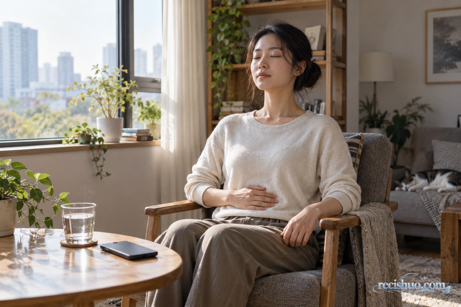 年轻女性坐在窗边座椅上轻按腹部缓慢呼吸，桌上放着温水和倒扣的手机