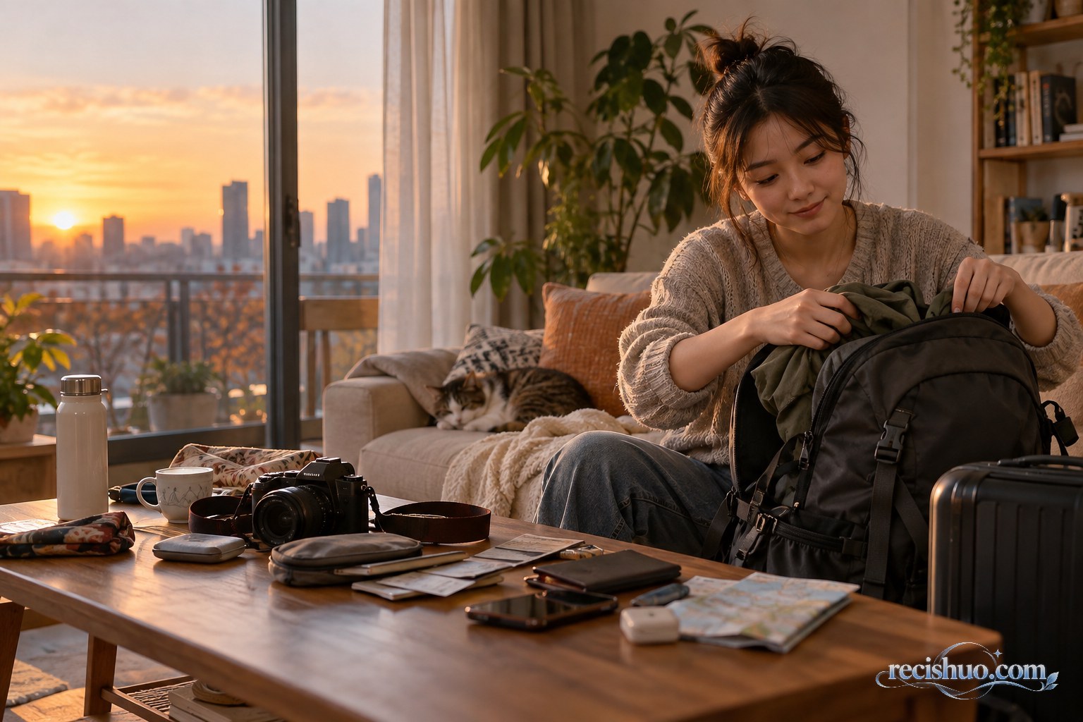 秋日傍晚，一名年轻人在家整理旅行背包和假期物品