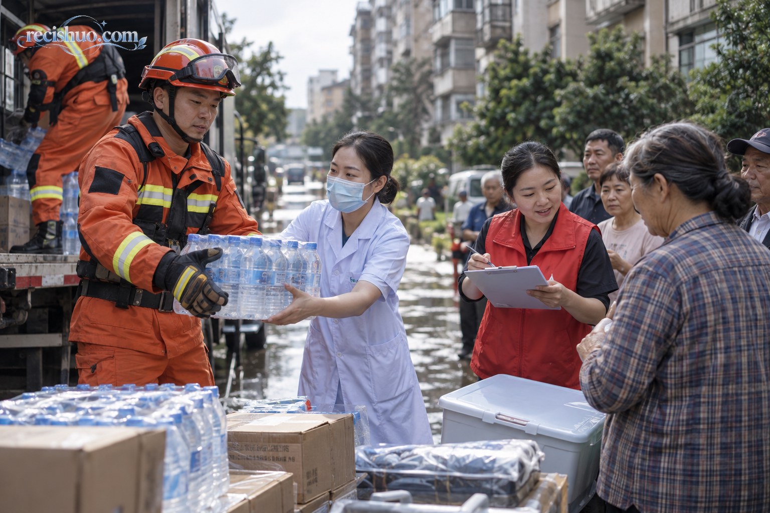 雨后社区里,消防救援人员、医护人员和志愿者协作发放应急物资