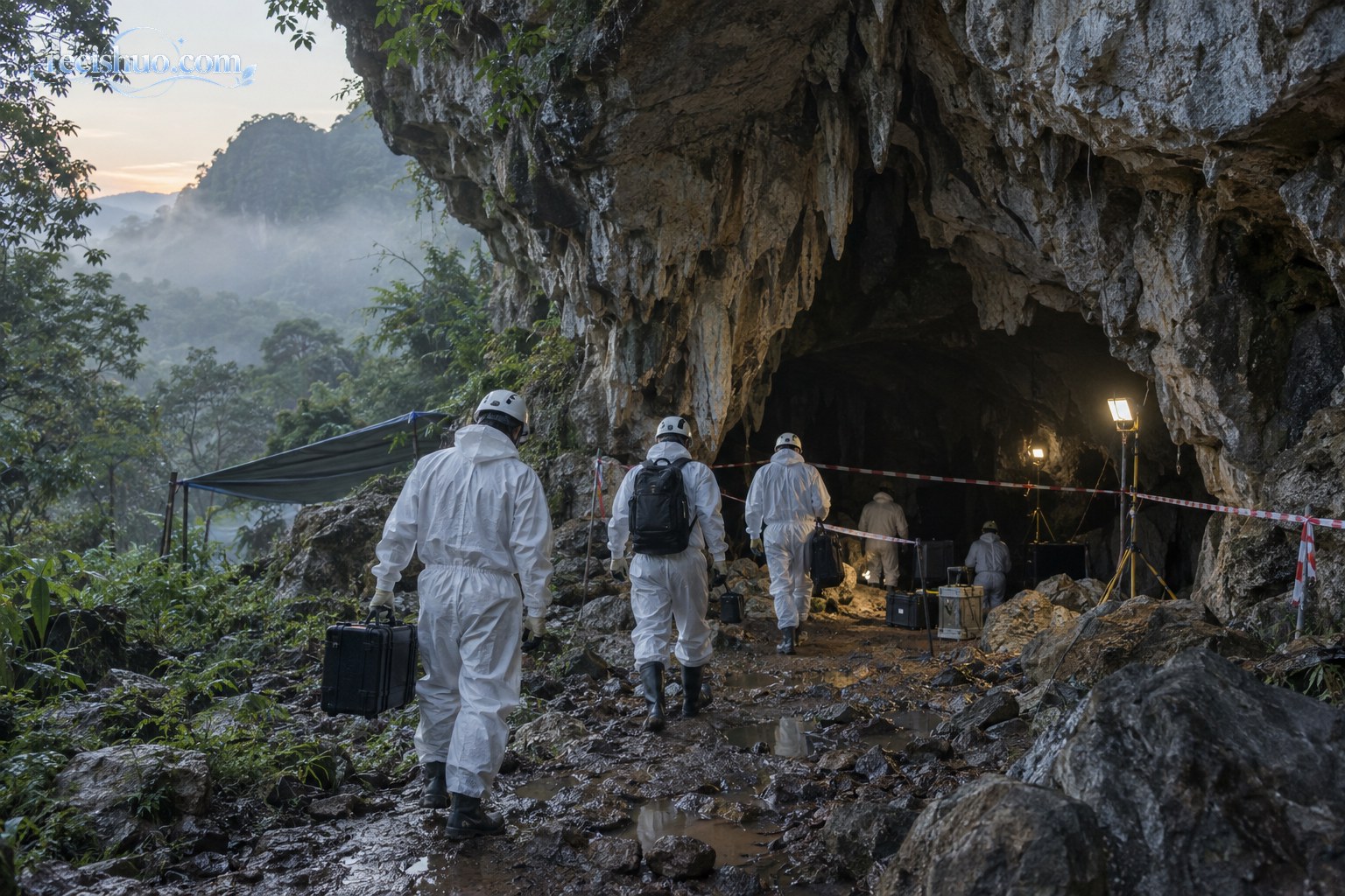 调查人员携带设备进入潮湿石灰岩溶洞的纪实场景