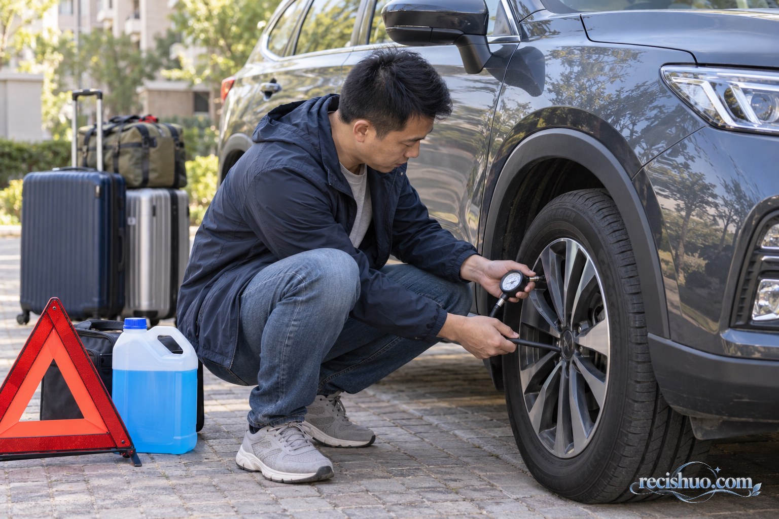 返程出发前驾驶人使用胎压表检查汽车轮胎
