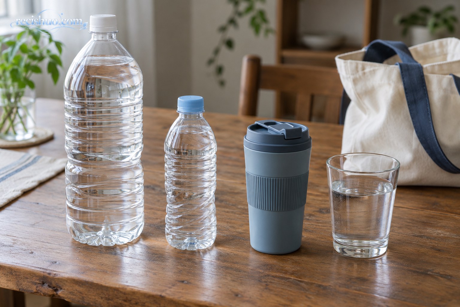 木桌上摆放大瓶水、小瓶水、随行杯和玻璃杯供使用场景对比