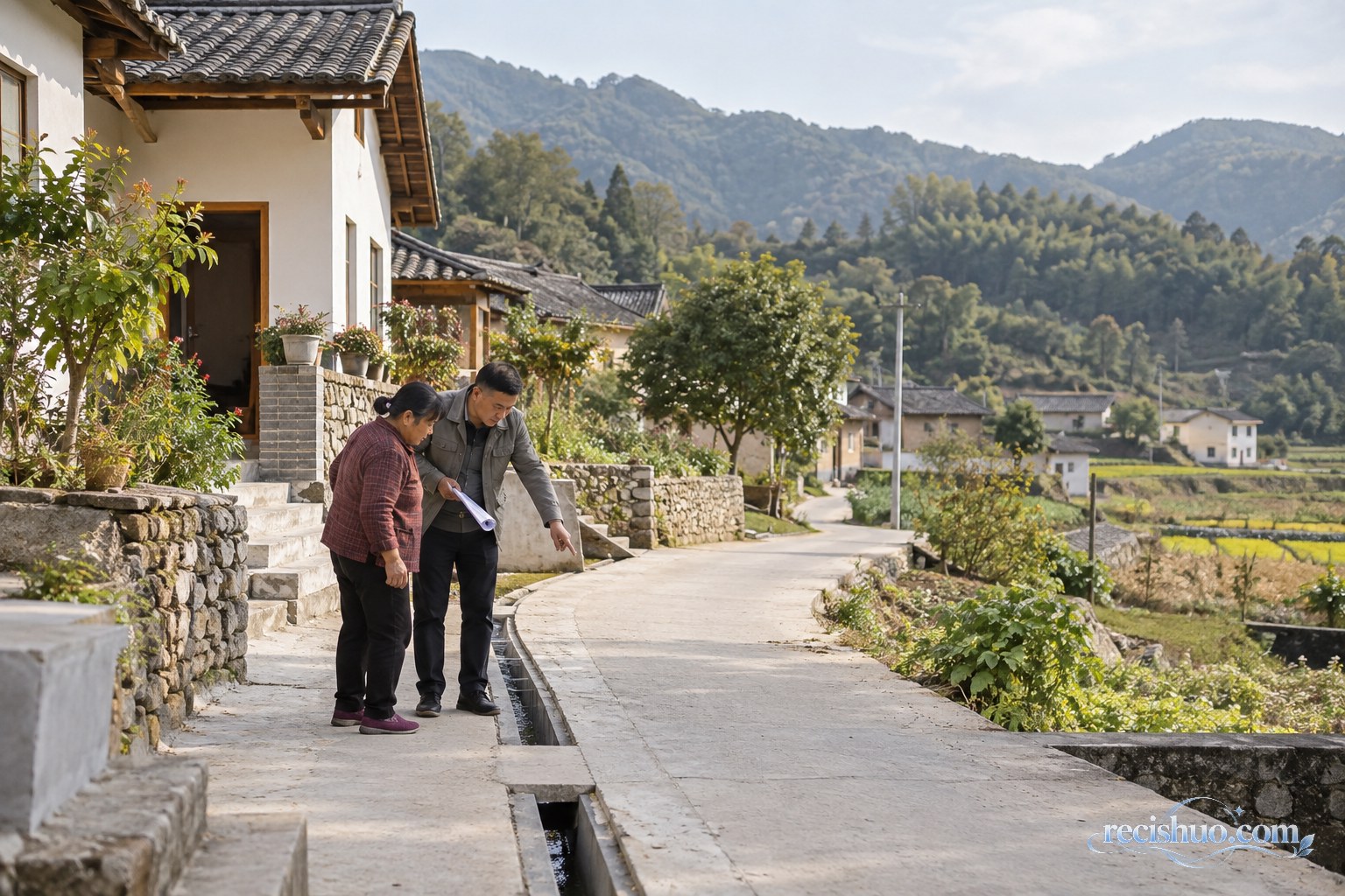 乡村建设人员与村民在新居旁查看道路和生活设施