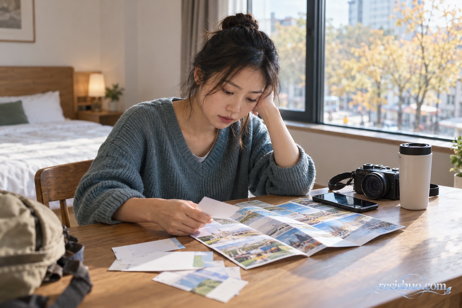 一名年轻游客在民宿桌前整理并删减当天的旅行安排