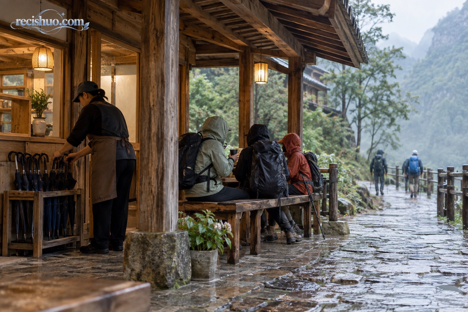 山间服务点内，游客在屋檐下休息，工作人员整理雨伞