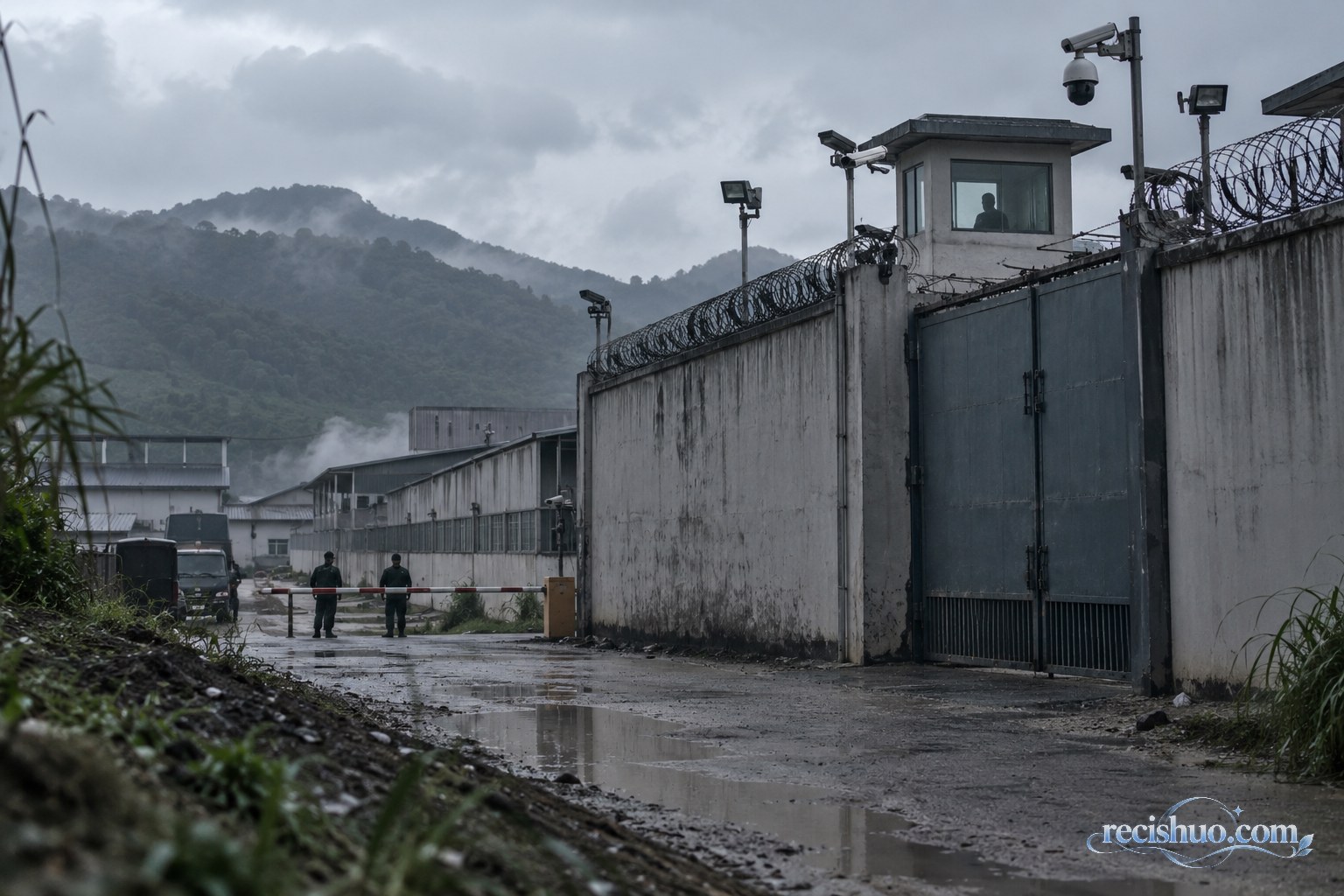 阴雨山地背景下设有高墙、铁门和监控设施的封闭园区外景