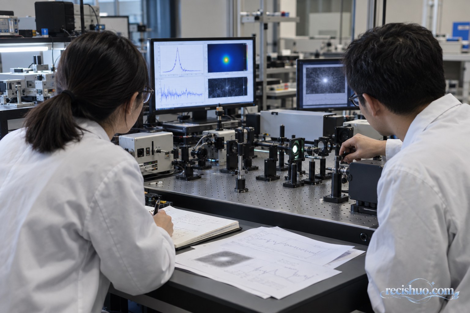 两名研究人员在现代物理实验室共同检查光学装置与实验数据