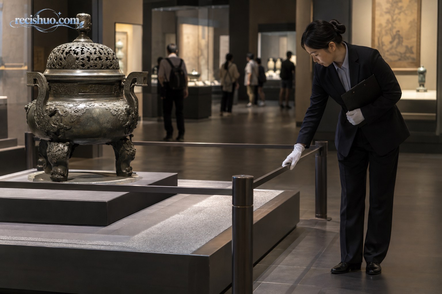 博物馆工作人员在大型古代金属器物旁检查围栏和展台环境