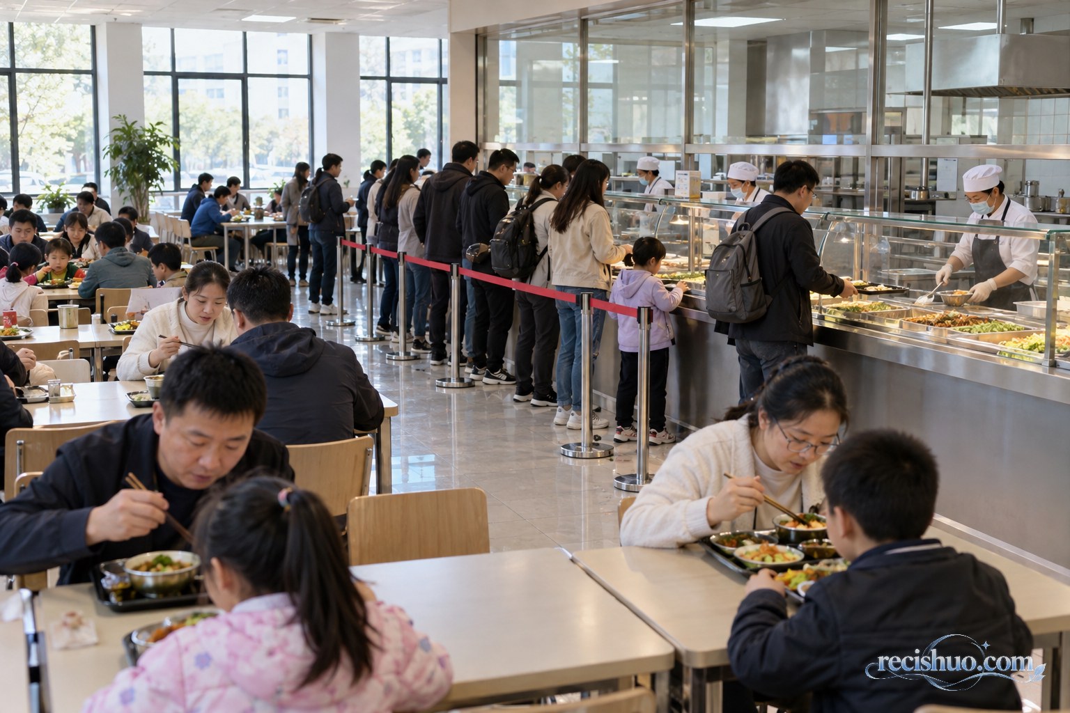 假日期间游客在开放的机关食堂内有序排队用餐