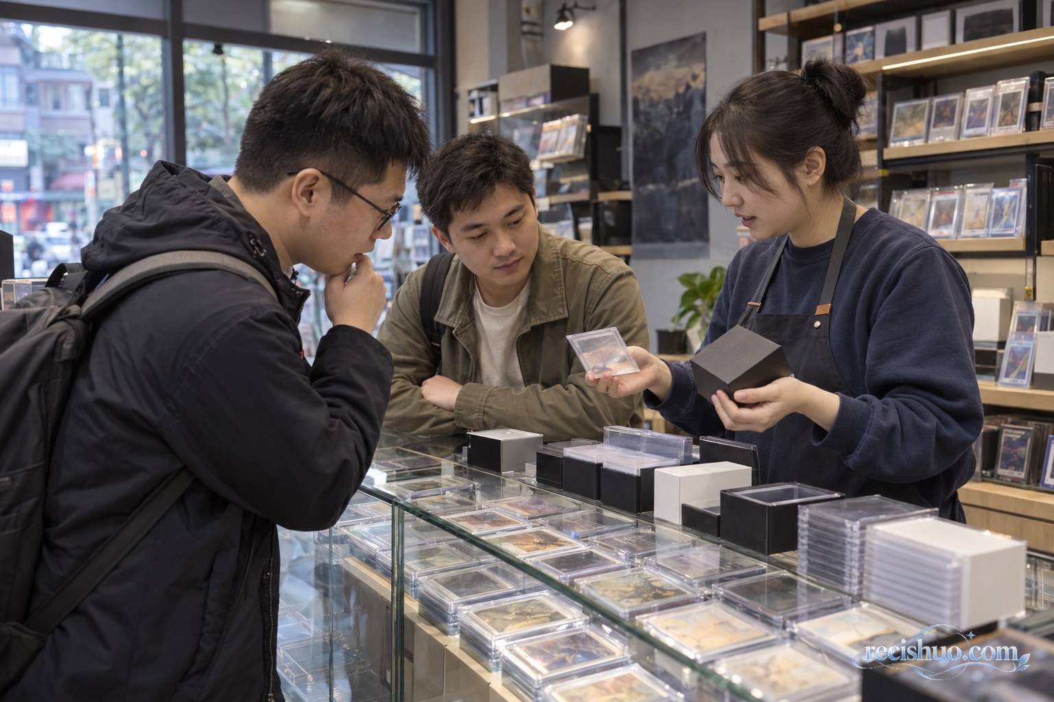 线下收藏卡店内,店员隔着玻璃柜向两位成年顾客展示卡盒和保护套