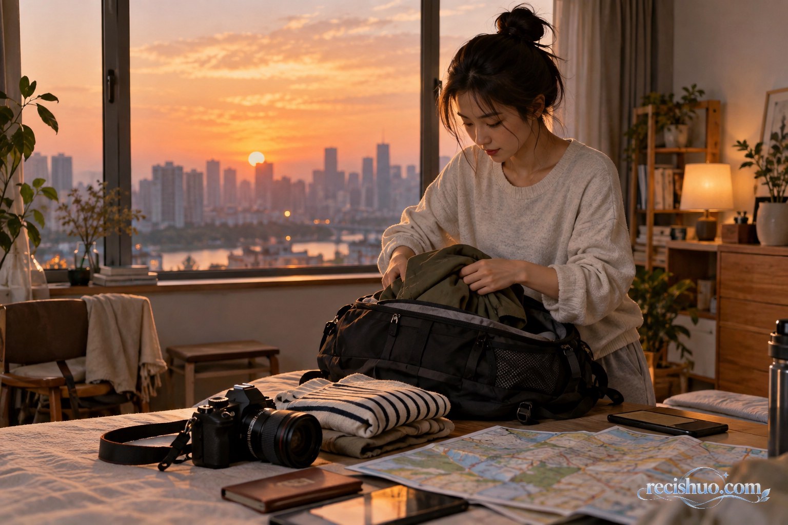 年轻人在城市暮色中整理旅行背包,准备结束国庆假期