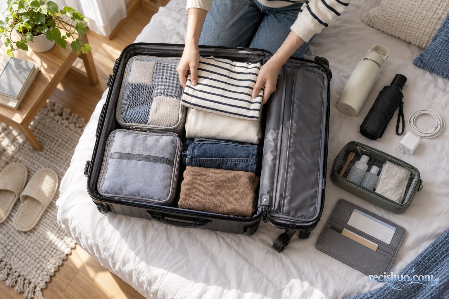 返程前按类别整理衣物和随身用品的旅行箱