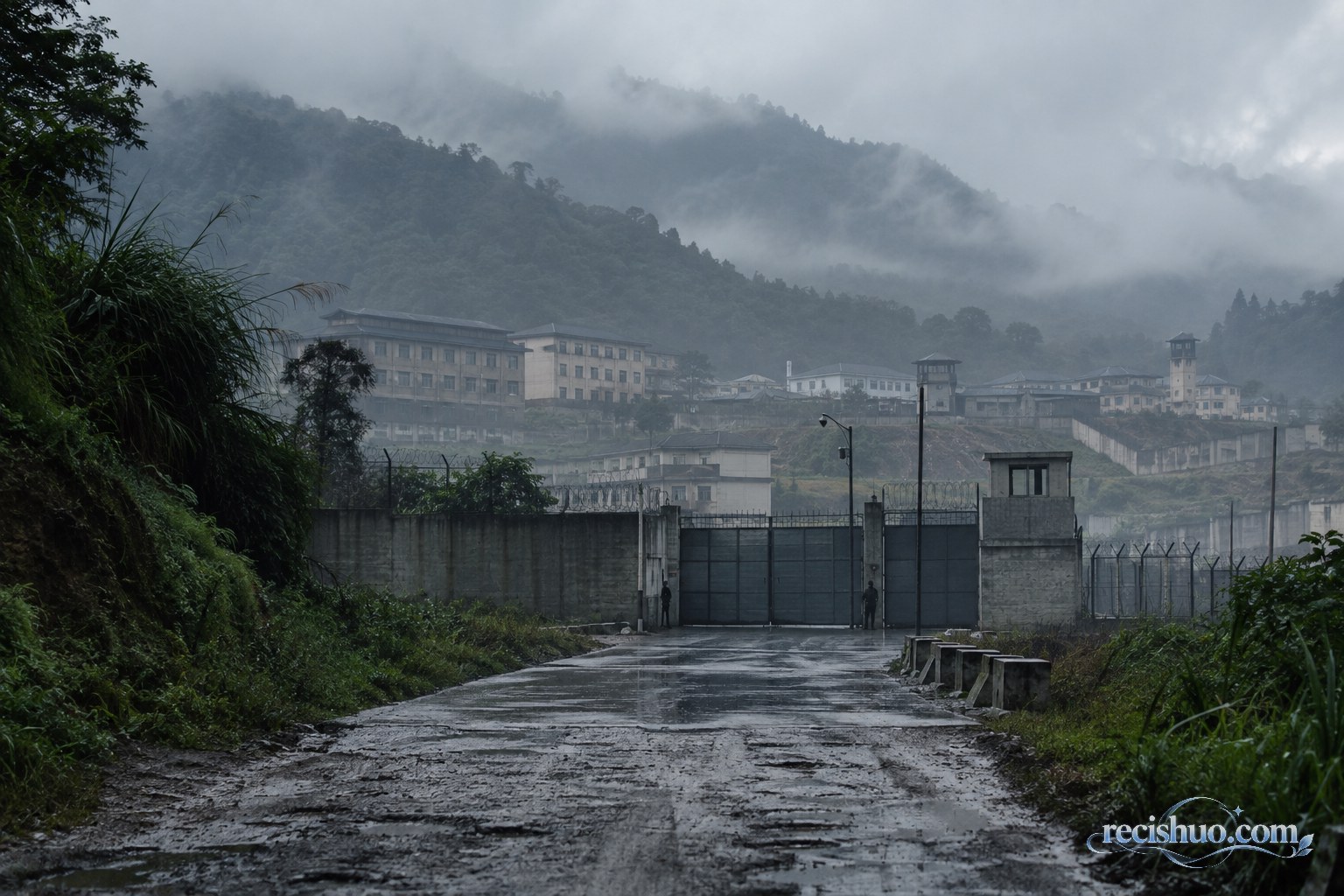 雨雾笼罩的热带山地封闭园区与紧闭铁门