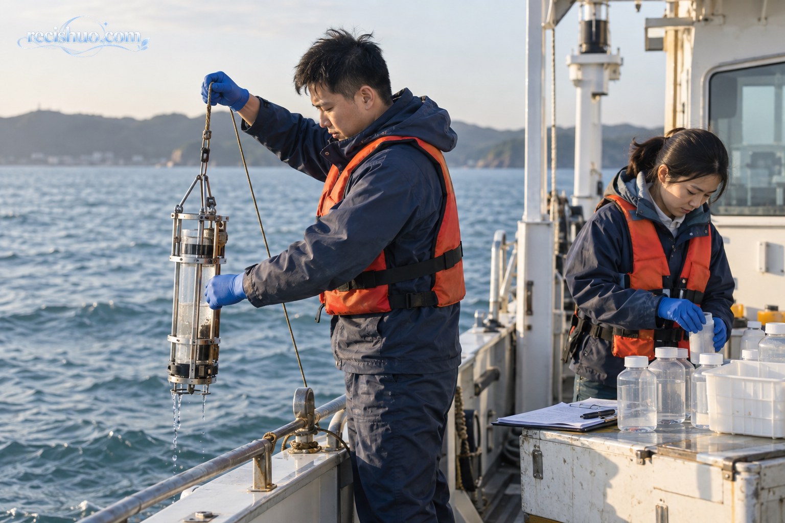 海洋环境监测人员在近岸科研船上采集海水样本