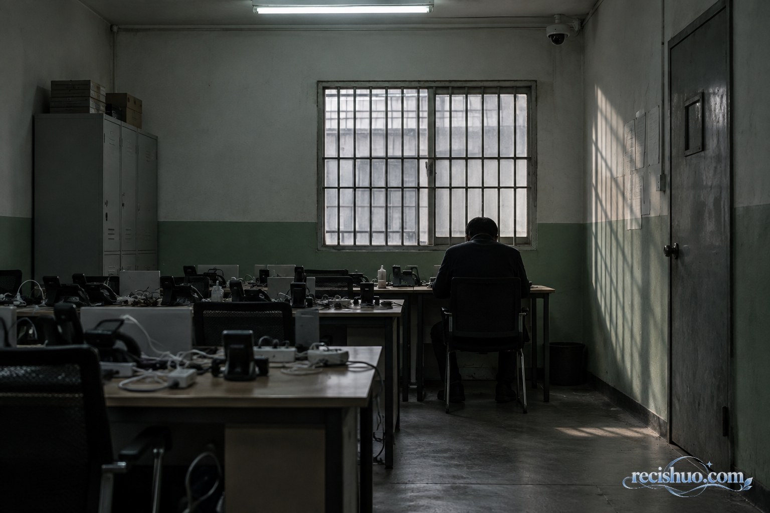 装有监控设备和铁窗的封闭办公室内,一名身份模糊的人坐在成排手机前