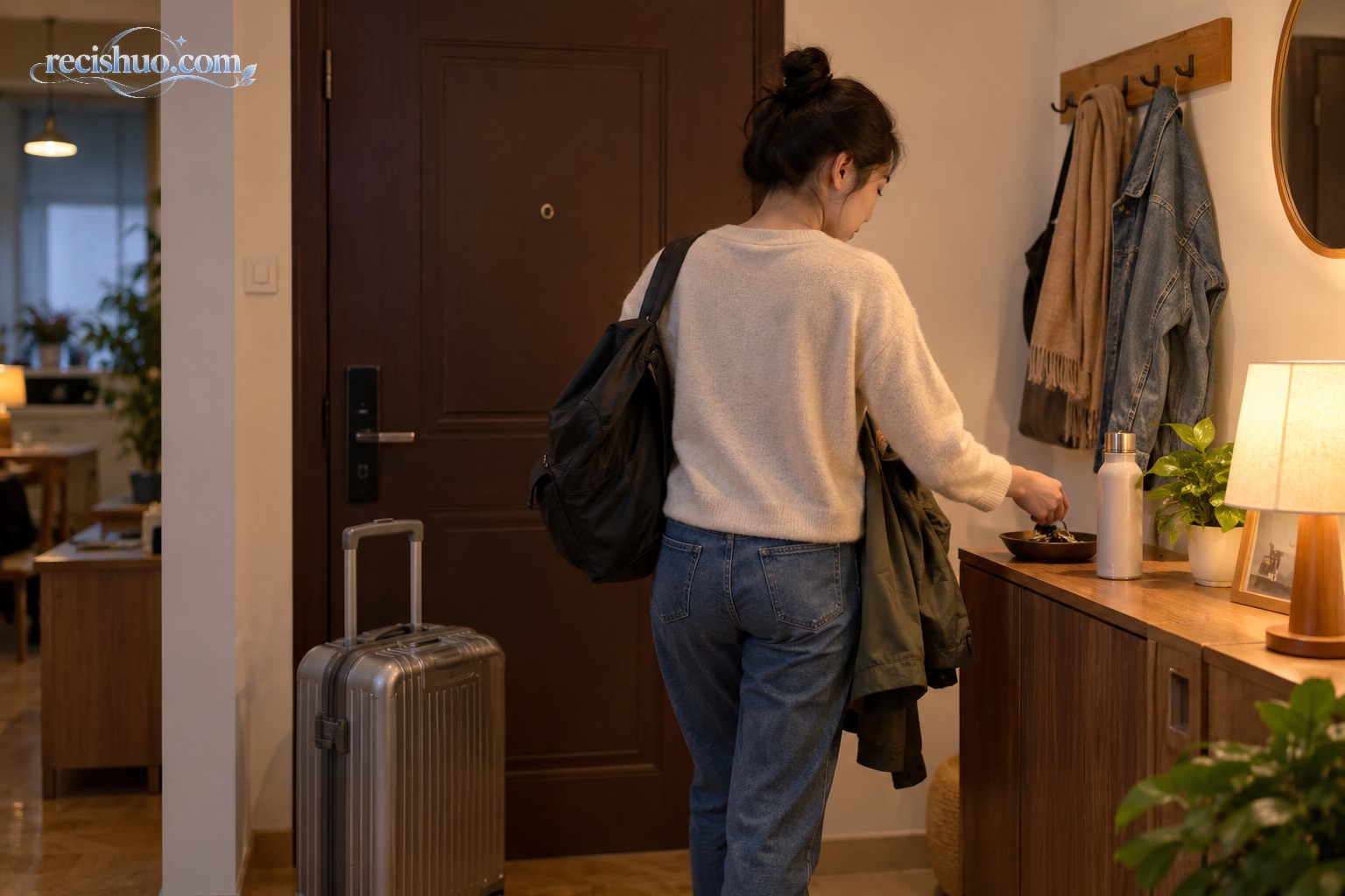 返程旅客抵达家中后在玄关整理行李与外套