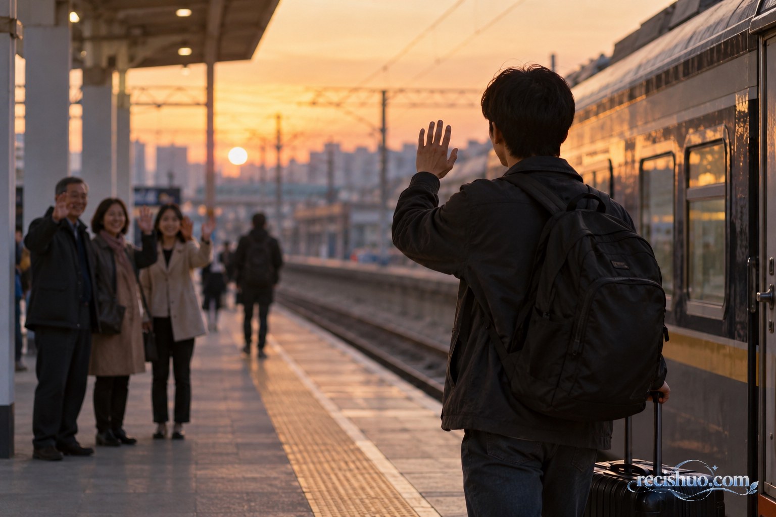 傍晚火车站站台上,携带行李的旅客向送行亲友挥手告别