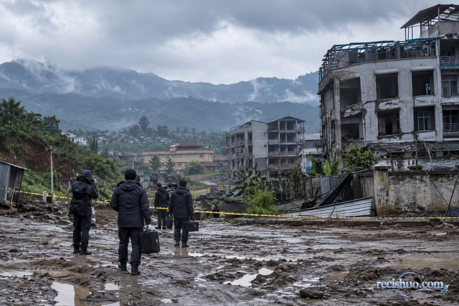阴云笼罩的缅北山地城镇中,调查人员携带勘查箱进入受损园区外围
