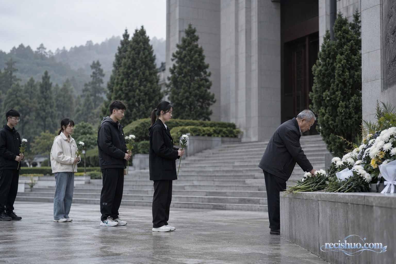 纪念馆外,老人和青年学生依次敬献白菊