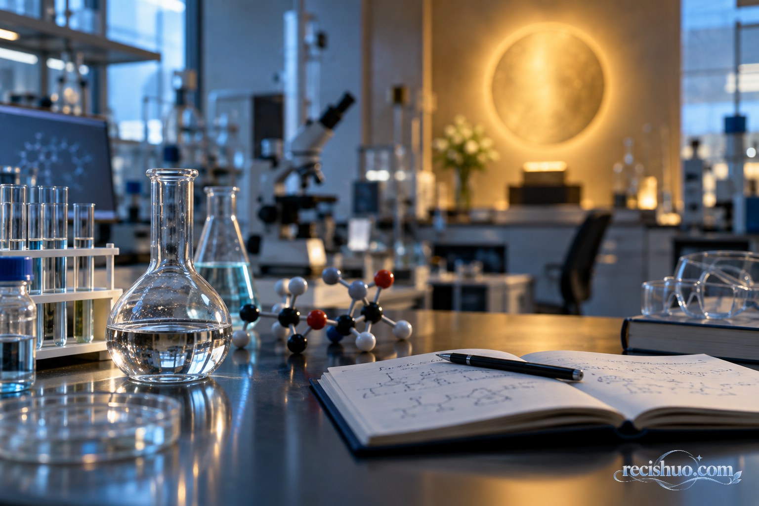 现代化学实验室内摆放着烧瓶、分子模型与实验记录本,背景映出象征科学荣誉的金色圆形光晕
