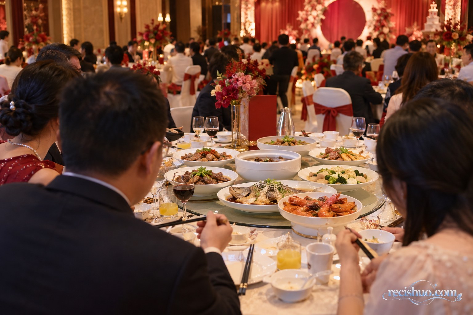 中式酒店婚宴厅内宾客围坐圆桌用餐,桌面摆放多道宴席菜品
