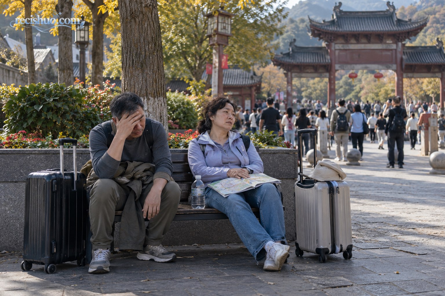 一对中年游客带着行李坐在景区外长椅上疲惫休息