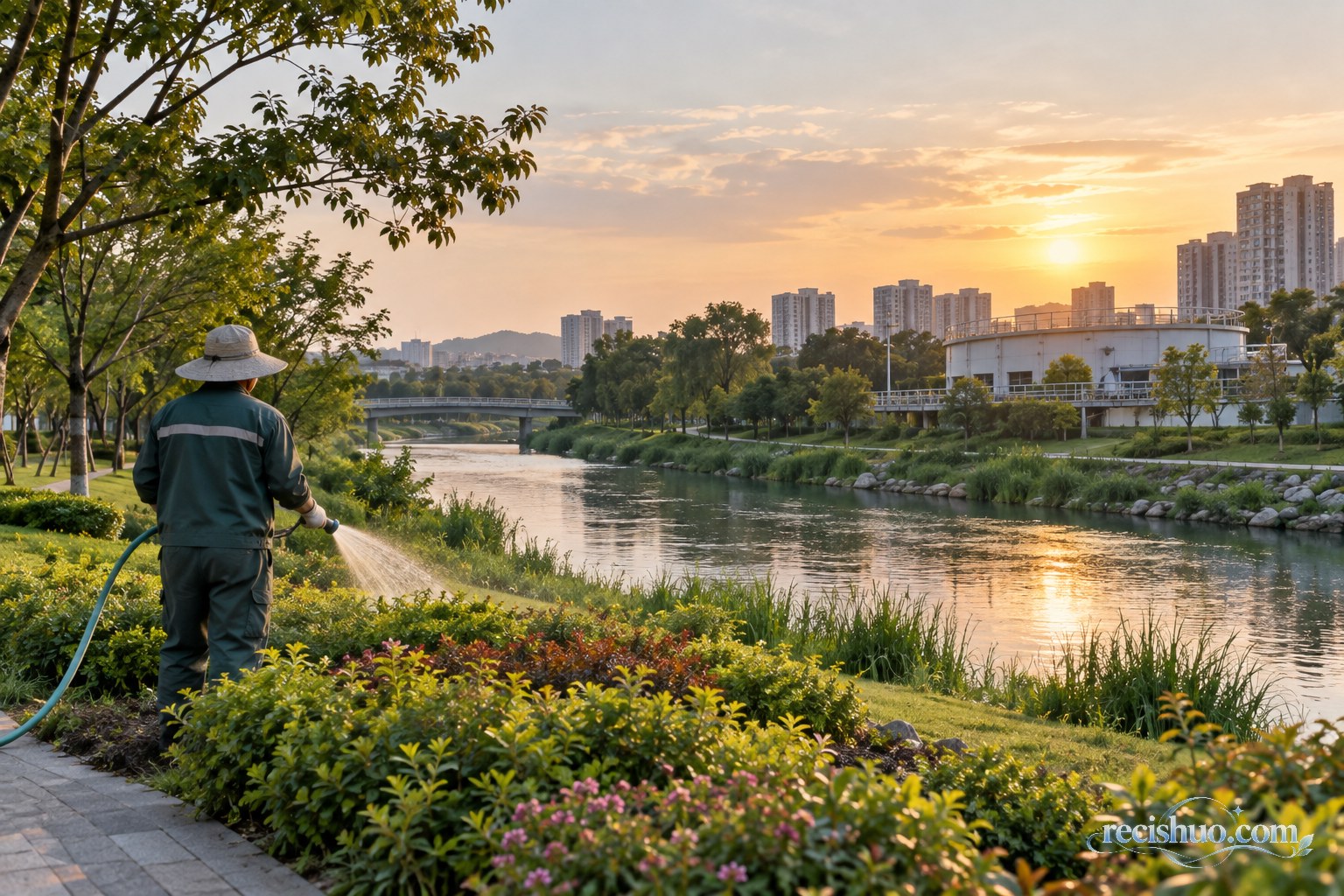 夕阳下园林维护人员在社区生态河道旁进行节水浇灌
