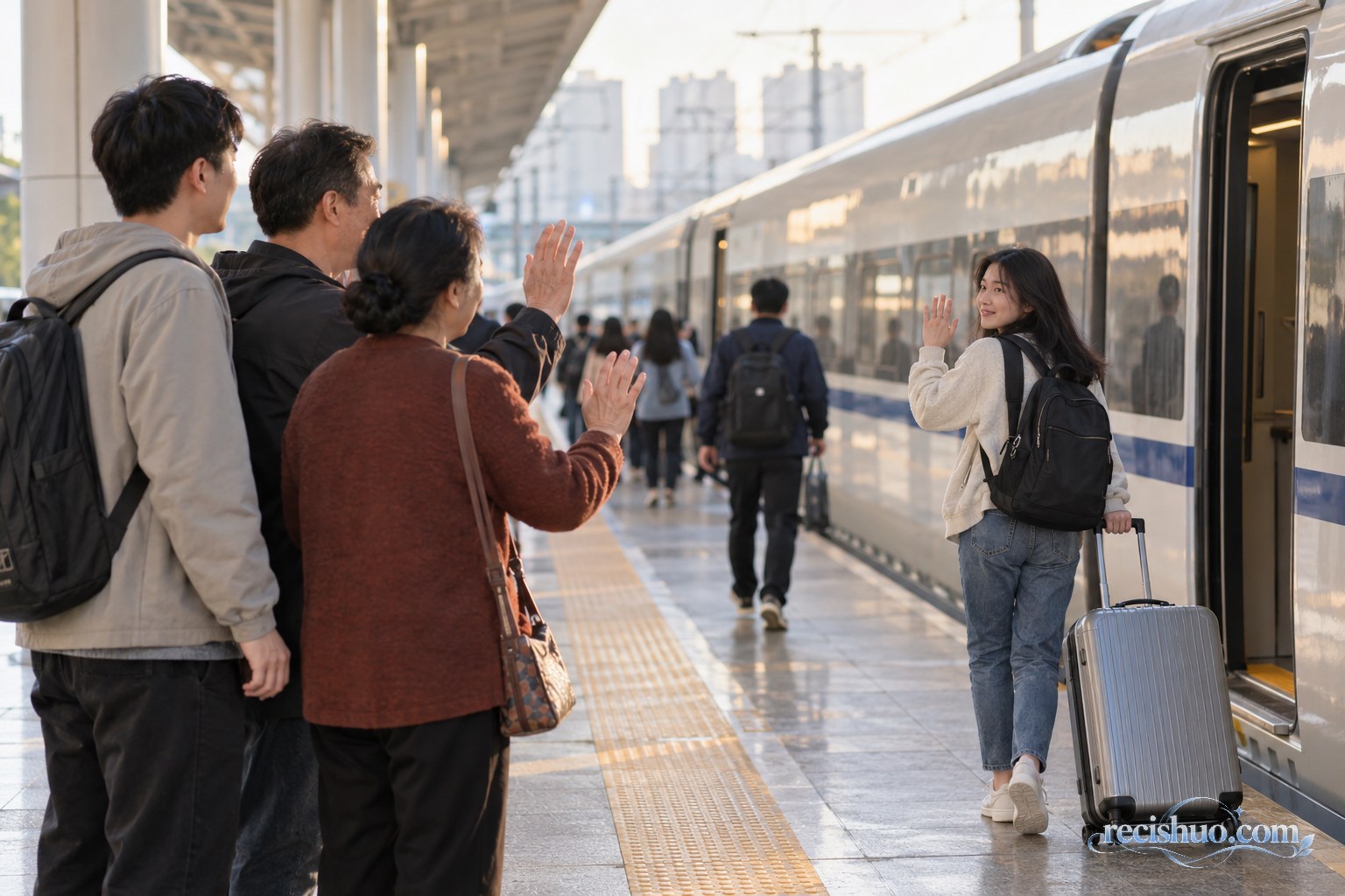 清晨的铁路站台上,准备登车的年轻人拉着行李箱回头向家人挥手告别