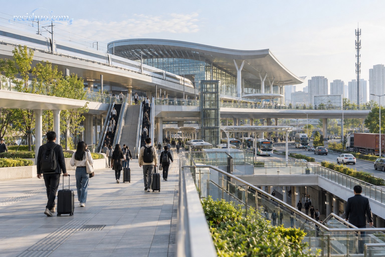 连接铁路、公交、城市道路与步行系统的现代综合交通节点