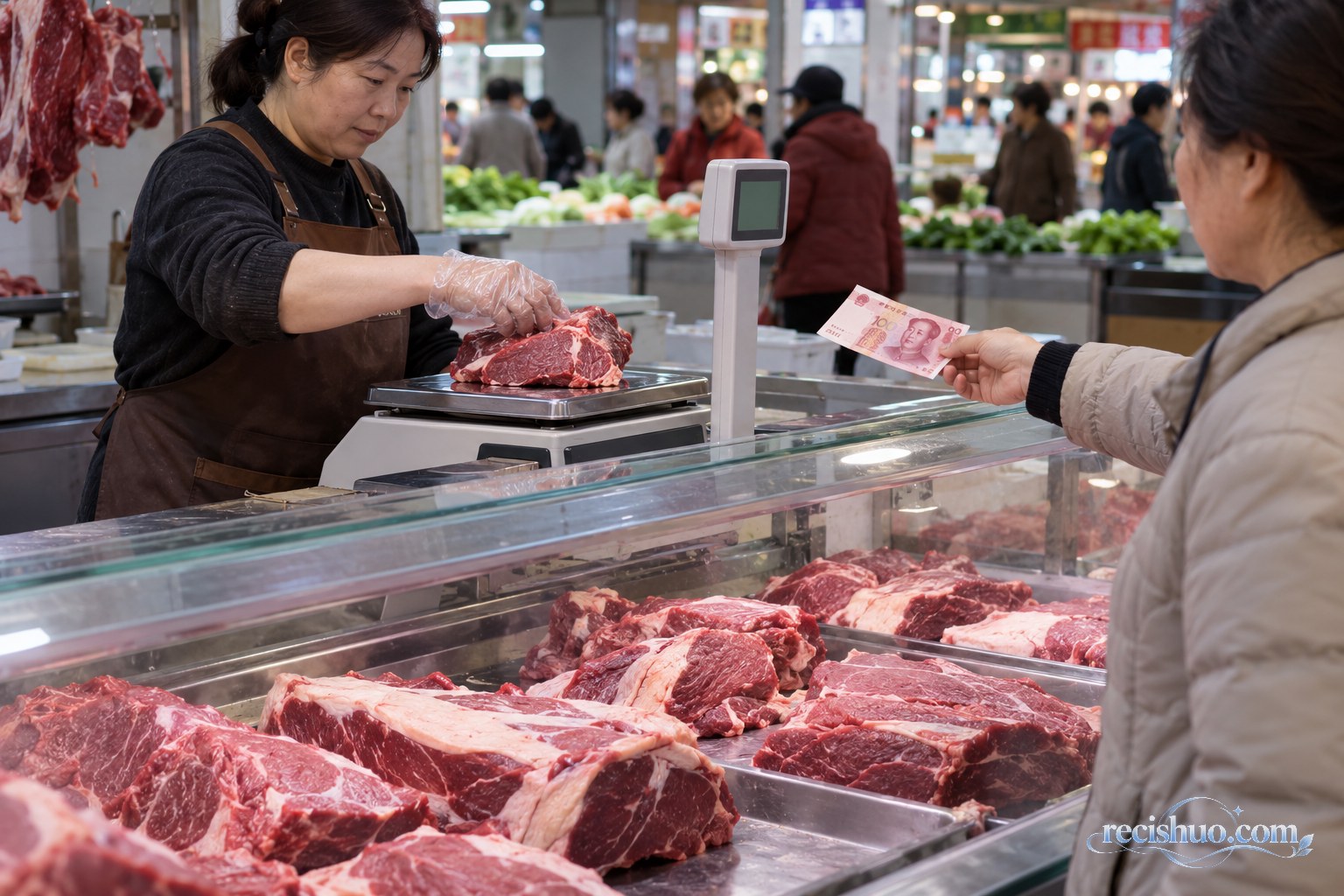 消费者在鲜牛肉柜台前持百元钞票等待商家称重