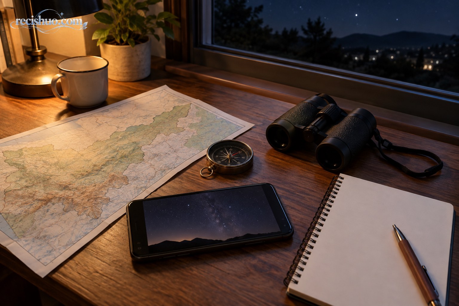 用于核验夜空异常现象的地图、指南针、望远镜、手机和笔记本