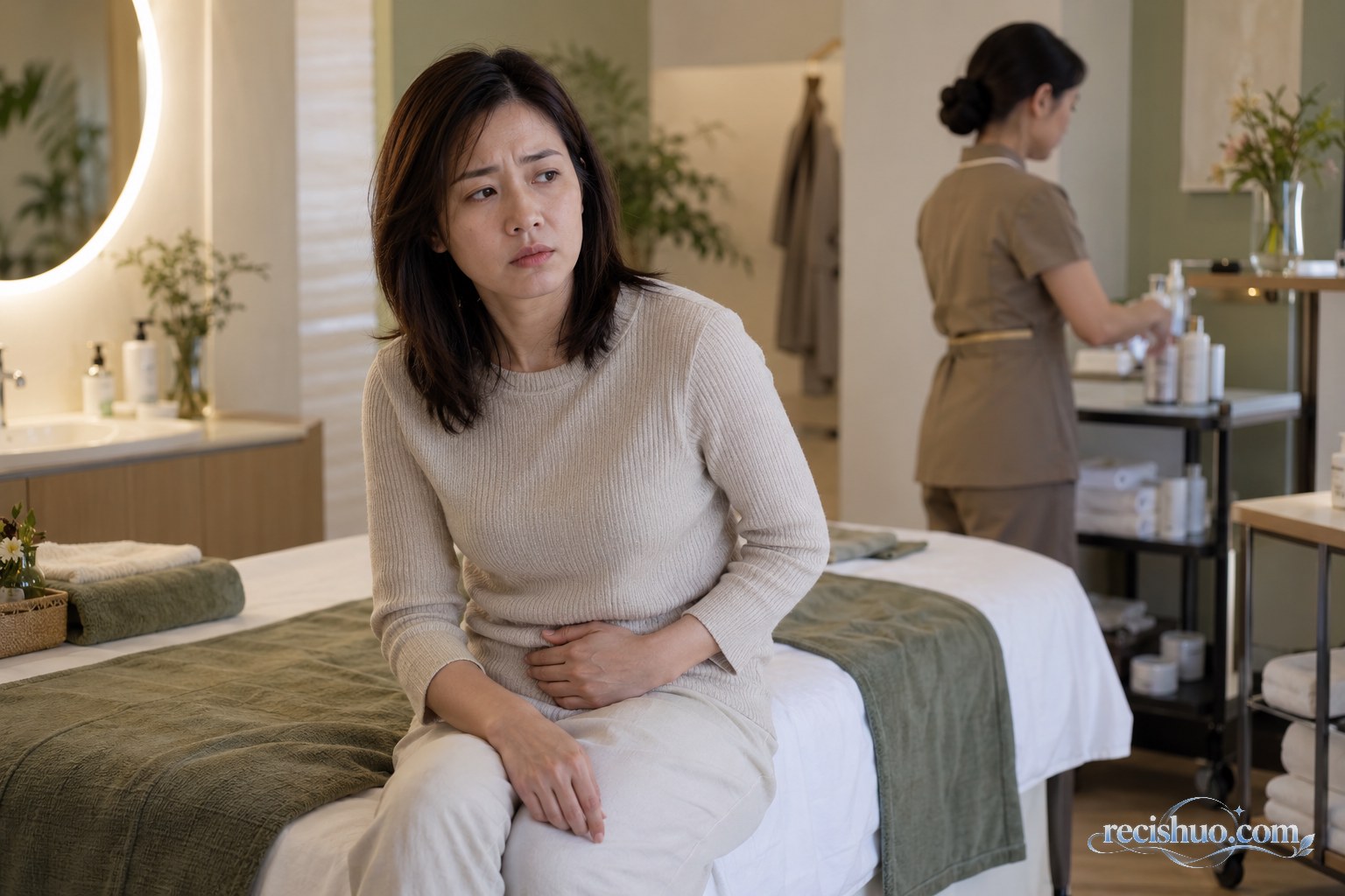 一名女性在美容院护理床边捂着腹部,神情担忧地审视非医疗场所的健康服务