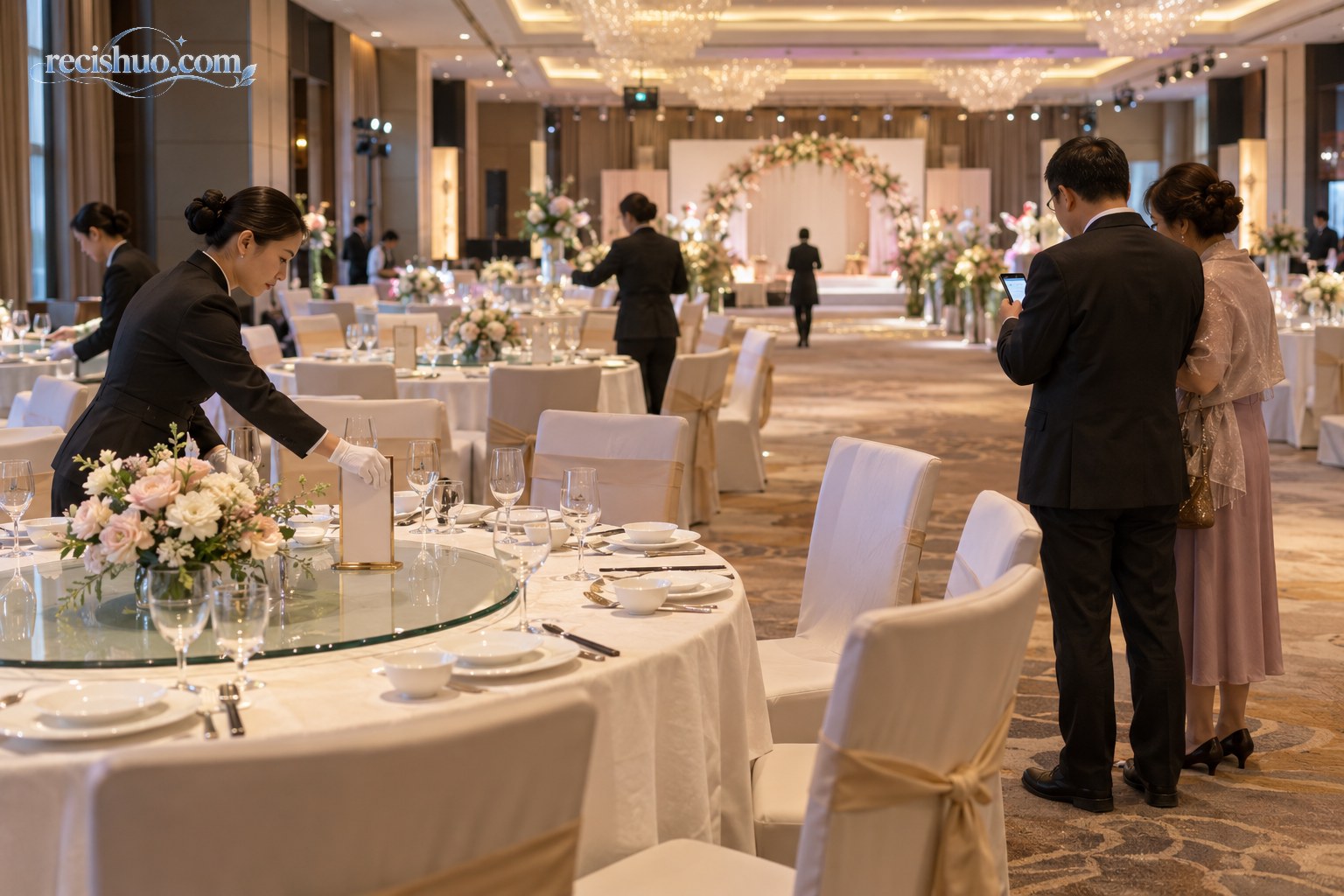 婚宴开始前工作人员布置餐桌,新人家属在宴会厅核对流程