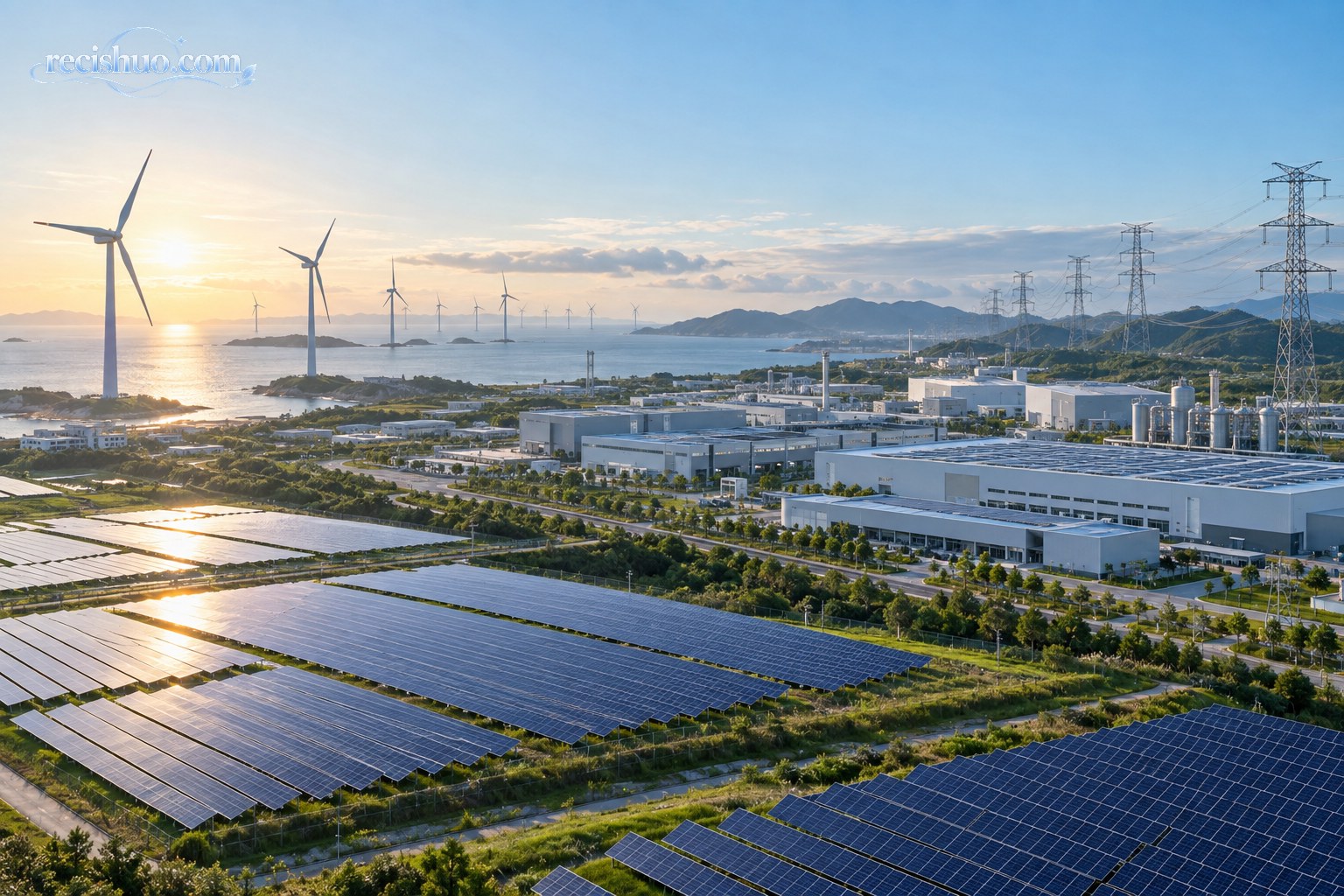 晨光下风电机组、光伏阵列、新能源工厂与输电设施协同分布的产业基地